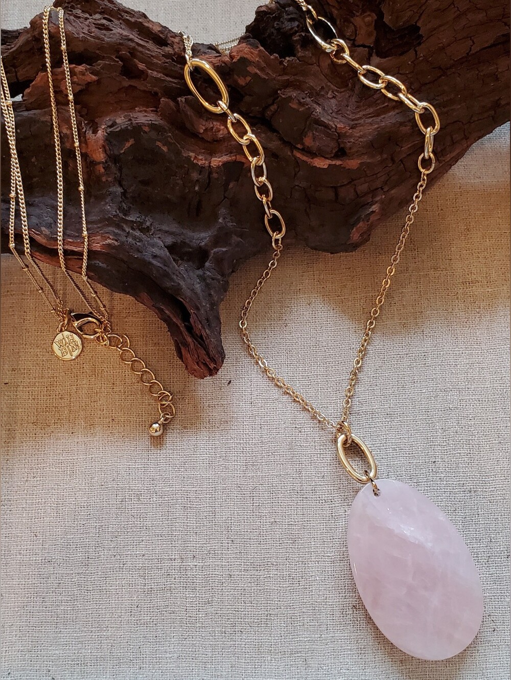 WHBM Gold Layered Double Strand Long Rose Quartz Teardrop Pendant Necklace